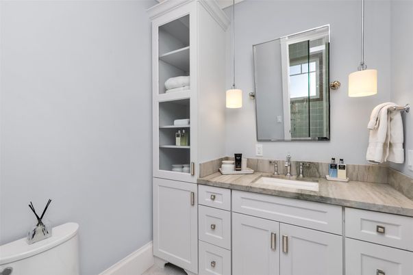 Bathroom, Dual Sink Vanities, Interior, Pendant Lights, Tile Countertops