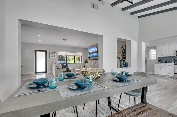 Dining room, Interior, Kitchen, Living room, Recessed Lighting, Wood Texture Flooring