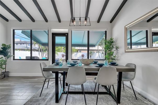 Dining room, Interior, Pendant Lights, Wooden Beams, Wood Texture Flooring