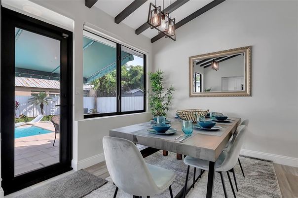 Dining room, Interior, Pendant Lights, Wooden Beams, Wood Texture Flooring