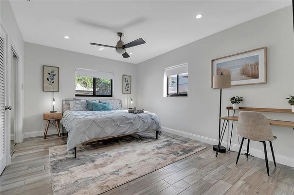 Bedroom, Interior, Recessed Lighting, Wood Texture Flooring