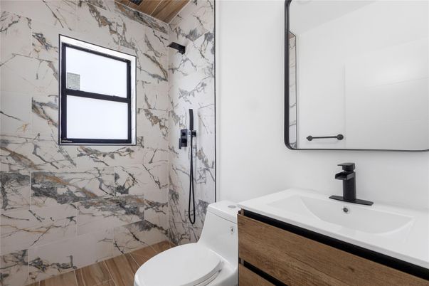 Bathroom, Interior, Marble Walls, Wood Texture Flooring