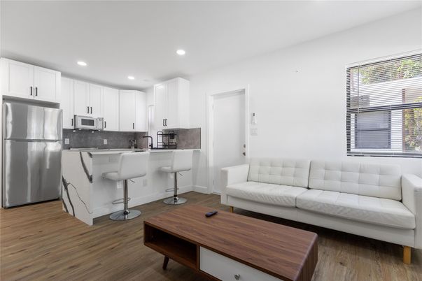 Interior, Kitchen, Living room, Recessed Lighting, Stainless Steel Appliances, Wood Texture Flooring