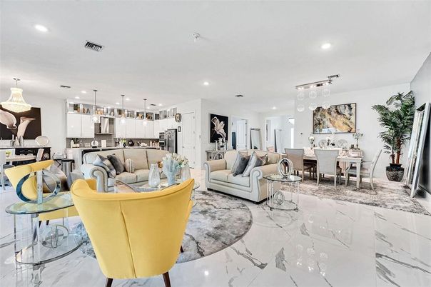 Dining room, Interior, Kitchen, Living room, Marble, Pendant Lights, Recessed Lighting, Stainless Steel Appliances