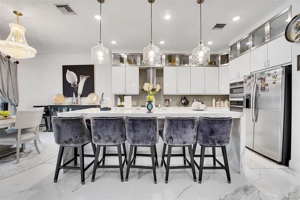 Interior, Kitchen, Marble, Pendant Lights, Recessed Lighting, Stainless Steel Appliances