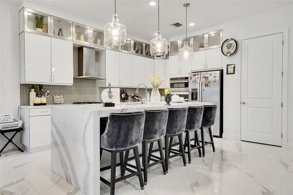 Interior, Kitchen, Marble, Pendant Lights, Recessed Lighting, Stainless Steel Appliances