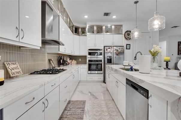 Interior, Kitchen, Marble, Pendant Lights, Recessed Lighting, Stainless Steel Appliances