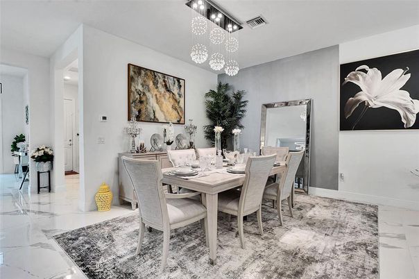 Dining room, Interior, Marble, Pendant Lights