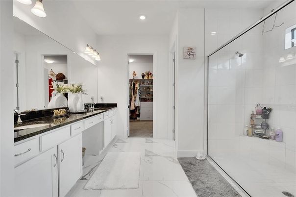 Bathroom, Dual Sink Vanities, Glass Shower, Interior, Marble, Recessed Lighting