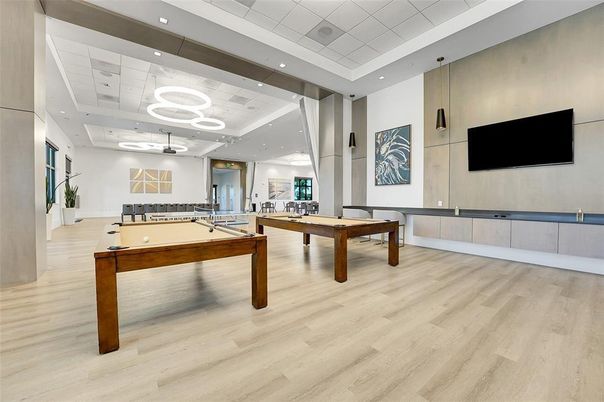 Billiard Table, Game Room, Interior, Pendant Lights, Recessed Lighting, Wood Texture Flooring