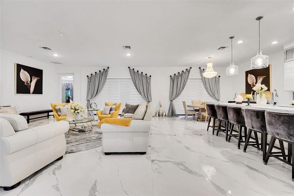 Dining room, Interior, Living room, Marble, Pendant Lights, Recessed Lighting