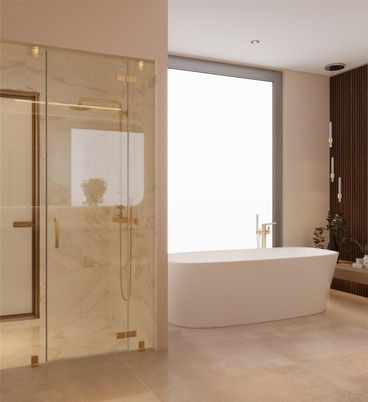 Bathroom, Free Standing Baths, Glass Shower, Interior, Marble Walls, Recessed Lighting