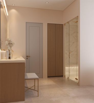 Bathroom, Glass Shower, Interior, Marble Walls, Recessed Lighting