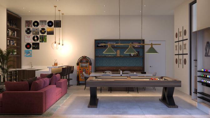 Billiard Table, Game Room, Interior, Pendant Lights, Recessed Lighting