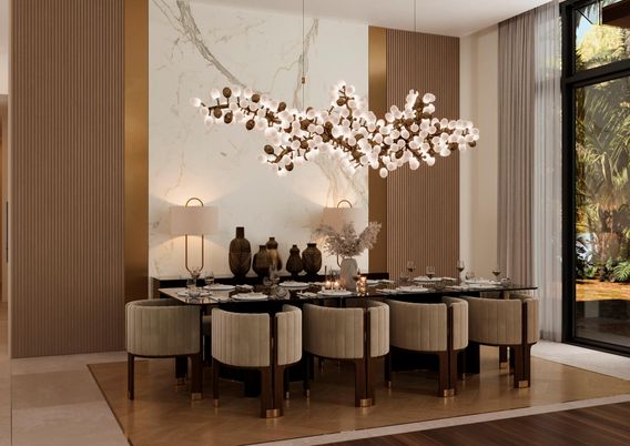 Dining room, Interior, Pendant Lights, Wood Texture Flooring