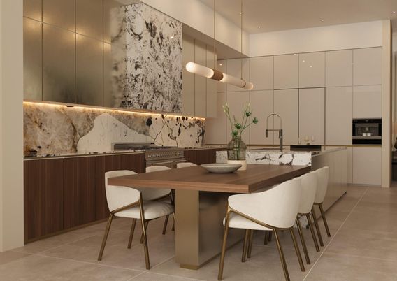 Dining room, Interior, Kitchen, Marble Walls, Pendant Lights, Recessed Lighting, Stainless Steel Appliances