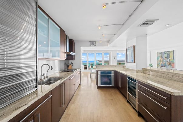 Interior, Kitchen, Recessed Lighting, Stainless Steel Appliances, Water, Wood Texture Flooring