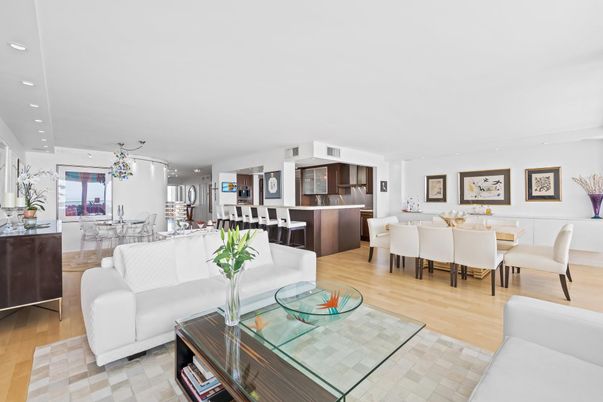 Dining room, Interior, Kitchen, Living room, Recessed Lighting, Stainless Steel Appliances, Wood Texture Flooring