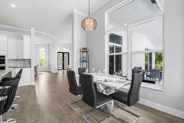 Dining room, Interior, Pendant Lights, Recessed Lighting, Wood Texture Flooring