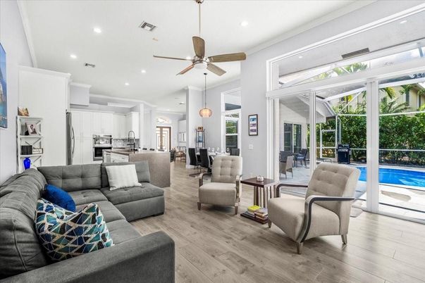 Interior, Kitchen, Living room, Pendant Lights, Recessed Lighting, Stainless Steel Appliances, Wood Texture Flooring