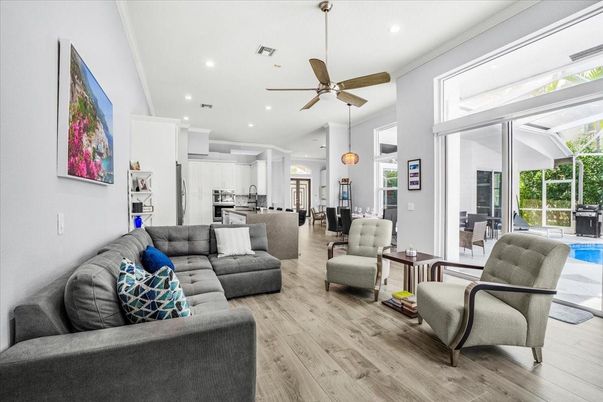 Interior, Kitchen, Living room, Pendant Lights, Recessed Lighting, Stainless Steel Appliances, Wood Texture Flooring