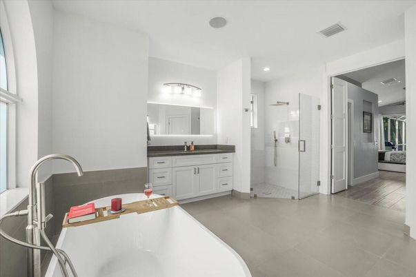 Bathroom, Dual Sink Vanities, Glass Shower, Interior, Recessed Lighting