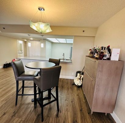 Dining room, Interior, Pendant Lights, Wood Texture Flooring
