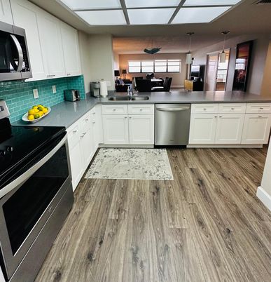 Interior, Kitchen, Pendant Lights, Stainless Steel Appliances, Wood Texture Flooring