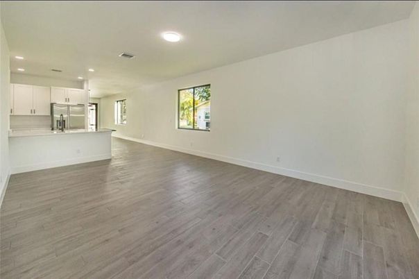 Empty room, Interior, Kitchen, Recessed Lighting, Wood Texture Flooring