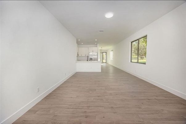 Empty room, Interior, Kitchen, Recessed Lighting, Wood Texture Flooring