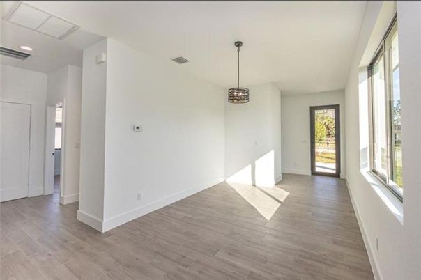 Empty room, Interior, Pendant Lights, Recessed Lighting, Wood Texture Flooring