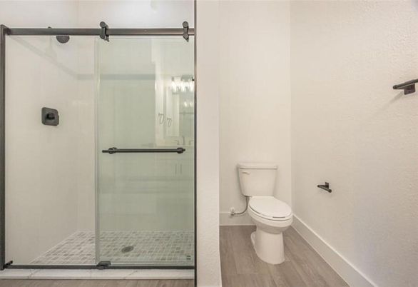 Bathroom, Glass Shower, Interior, Wood Texture Flooring