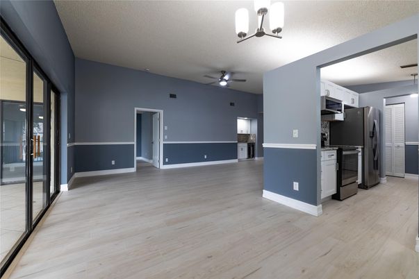 Empty room, Interior, Kitchen, Pendant Lights, Wood Texture Flooring