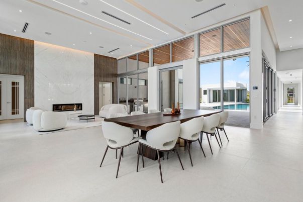 Dining room, Fireplace, Interior, Marble Walls, Recessed Lighting
