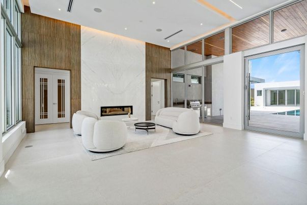 Fireplace, Interior, Living room, Marble Walls, Recessed Lighting