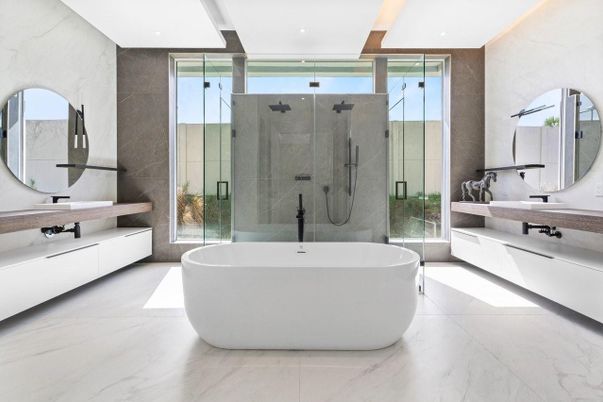 Bathroom, Dual Sink Vanities, Free Standing Baths, Glass Shower, Interior, Marble, Marble Walls, Recessed Lighting