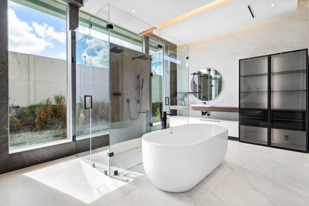 Bathroom, Free Standing Baths, Glass Shower, Interior, Marble, Marble Walls, Recessed Lighting
