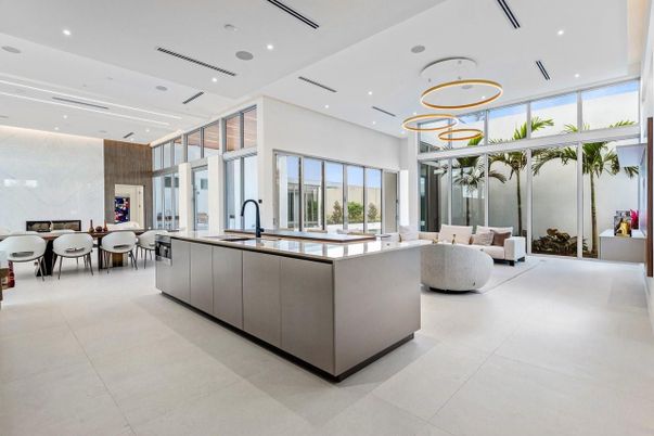 Dining room, Interior, Kitchen, Living room, Marble Walls, Pendant Lights, Recessed Lighting