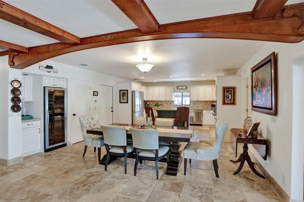 Dining room, Interior, Kitchen, Recessed Lighting, Wooden Beams