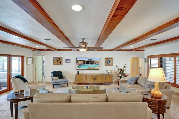 Interior, Living room, Recessed Lighting, Wooden Beams