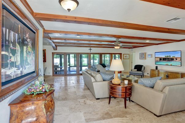 Interior, Living room, Recessed Lighting, Wooden Beams