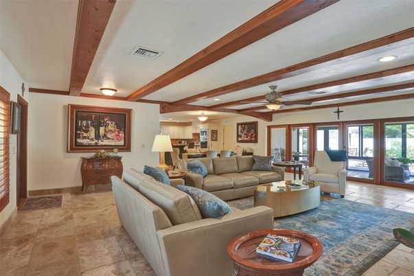 Interior, Kitchen, Living room, Recessed Lighting, Wooden Beams