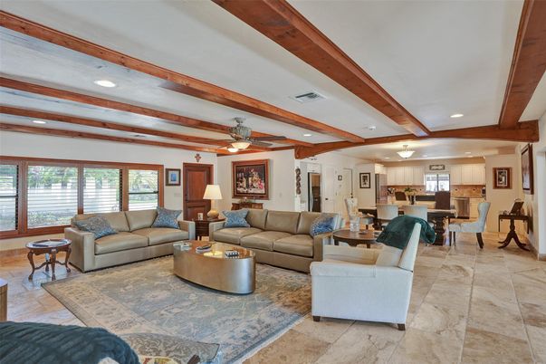 Dining room, Interior, Kitchen, Living room, Recessed Lighting, Wooden Beams