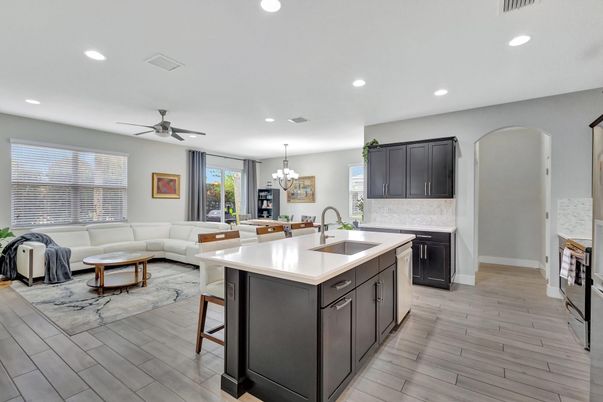 Chandelier, Dining room, Interior, Kitchen, Living room, Recessed Lighting, Wood Texture Flooring