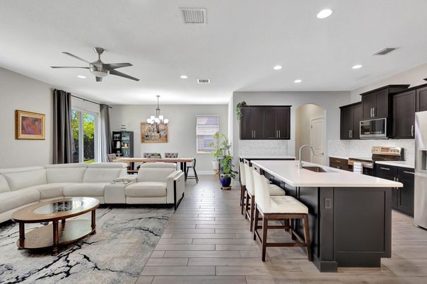 Chandelier, Dining room, Interior, Kitchen, Living room, Recessed Lighting, Wood Texture Flooring