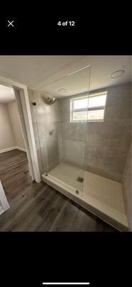 Bathroom, Glass Shower, Interior, Recessed Lighting, Wood Texture Flooring