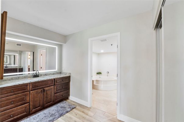 Bathroom, Interior, Recessed Lighting, Wood Texture Flooring
