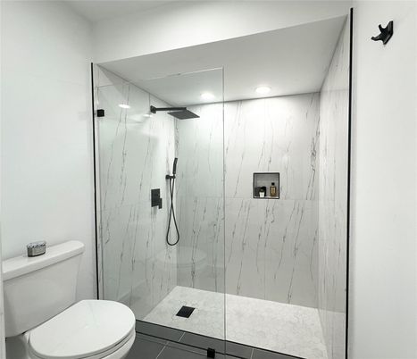 Bathroom, Glass Shower, Interior, Marble Walls, Recessed Lighting