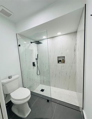 Bathroom, Glass Shower, Interior, Marble Walls, Recessed Lighting