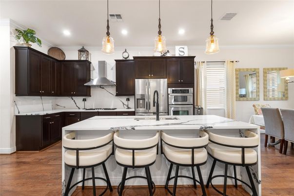 Interior, Kitchen, Pendant Lights, Recessed Lighting, Stainless Steel Appliances, Wood Texture Flooring